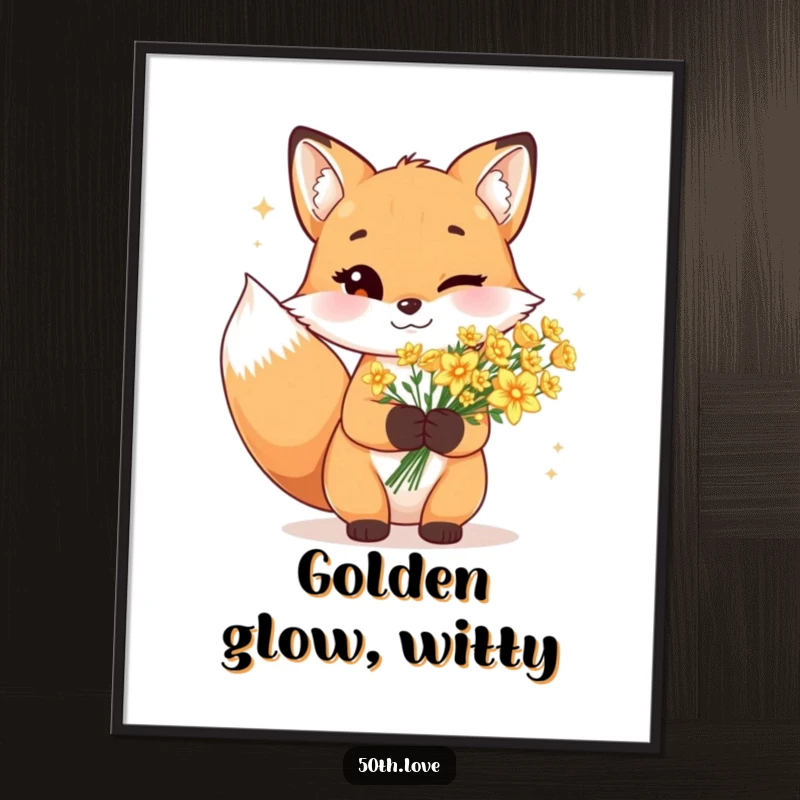 Funny fox poster featuring a cheerful fox winking slyly while holding a radiant bouquet of sparkling golden flowers.
