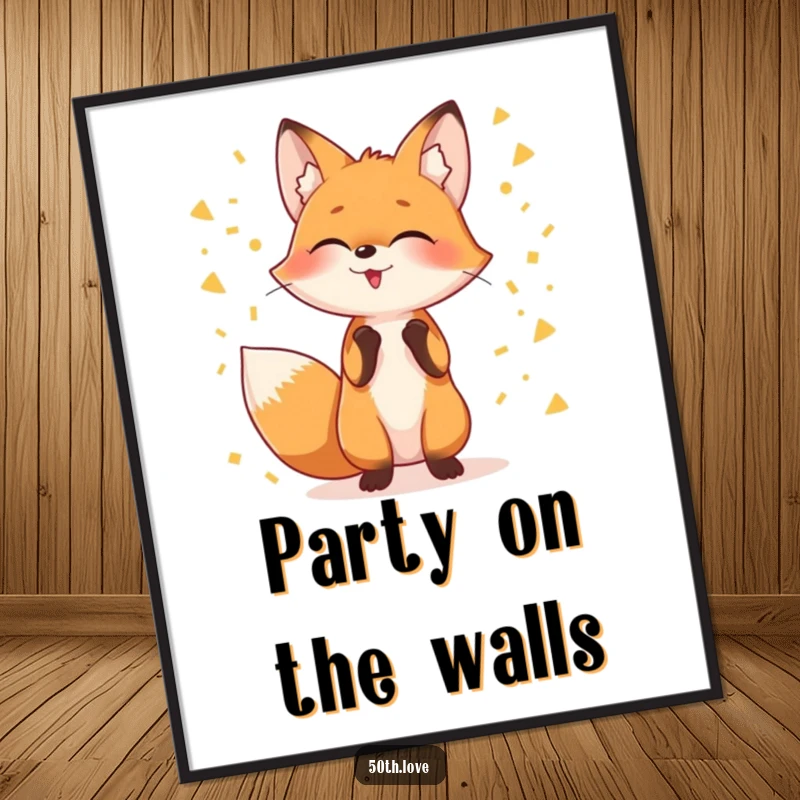 Funny art poster displaying a giggling fox in mid-juggle with sparkling golden confetti, adding a festive touch.