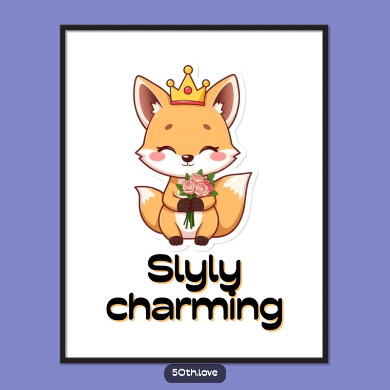 Funny Fox King Poster: Giggling Character Winks Holding Flower Bouquet Art