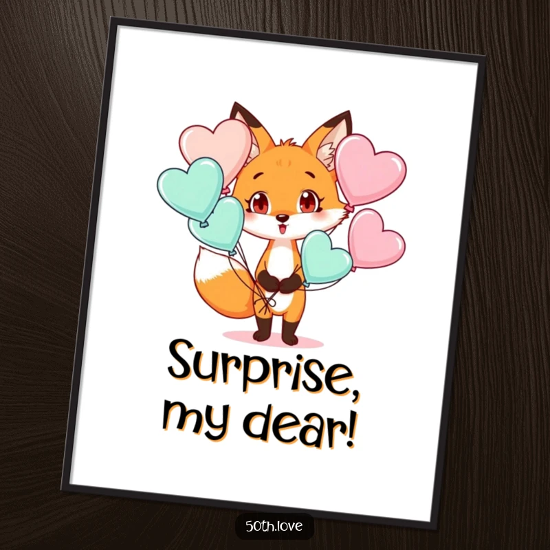 Funny poster showcasing a fox with a surprised expression holding a bouquet of heart-shaped balloons, bringing joy.