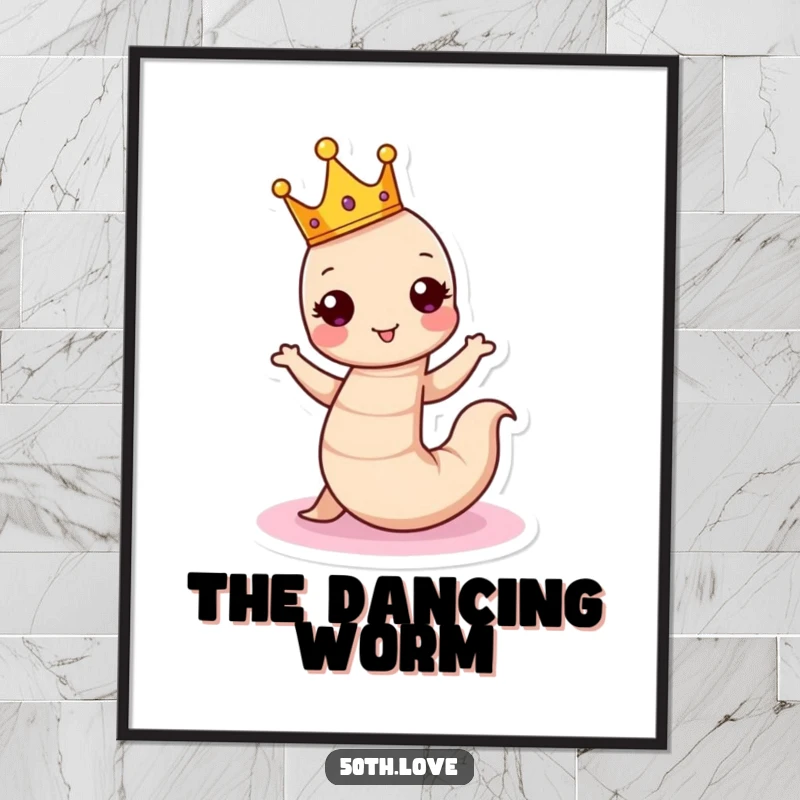 Funny birthday poster showing a crowned worm dancing ecstatically around a birthday cake, adding festive humor.