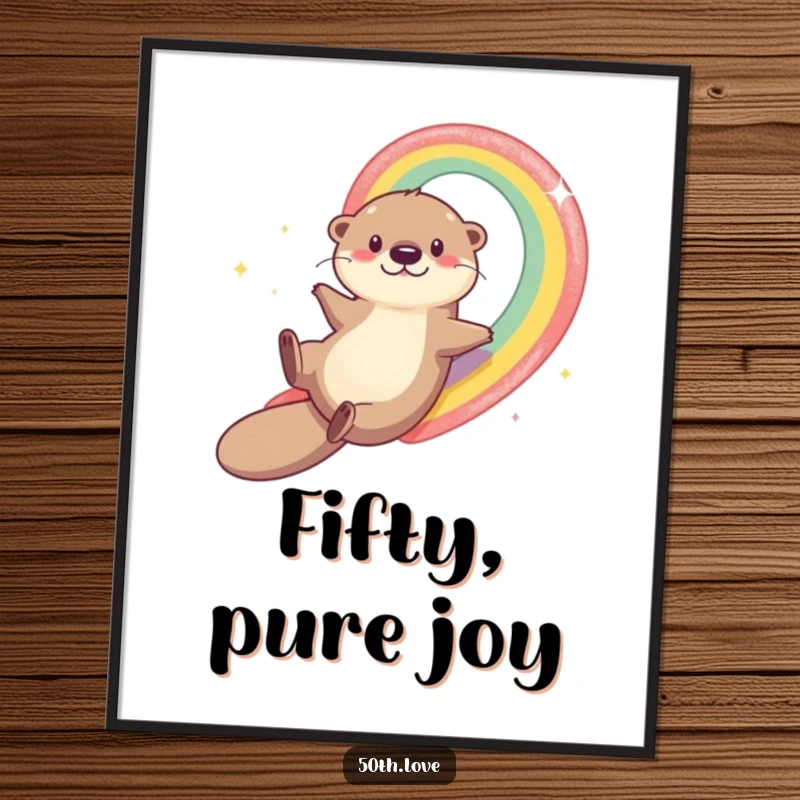 Funny otter joyfully sliding down a colorful rainbow towards a large number 50 on a poster, celebrating a milestone birthday.