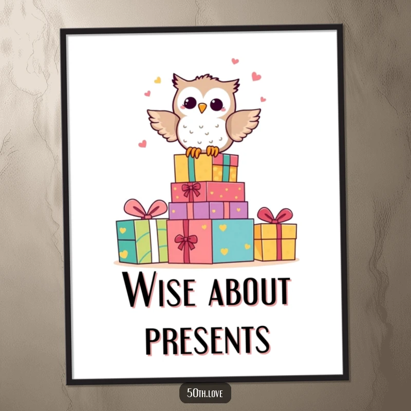 Funny poster of a happy owl character perched on colorful anniversary presents, hooting with glee.