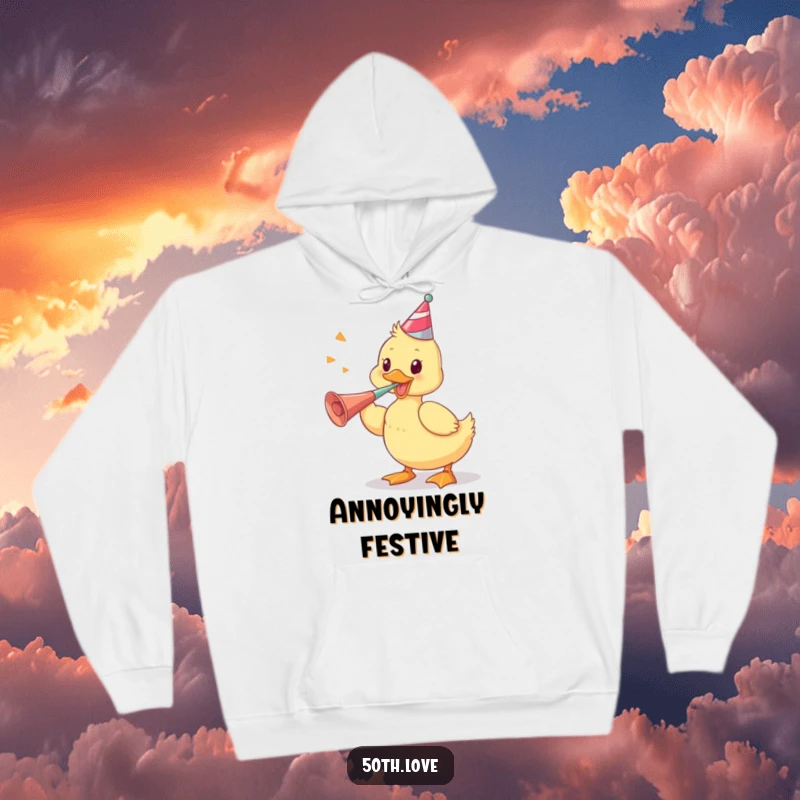 Funny hoodie with a playful duckling vigorously blowing a party horn, perfect for cozy celebrations and festive occasions.