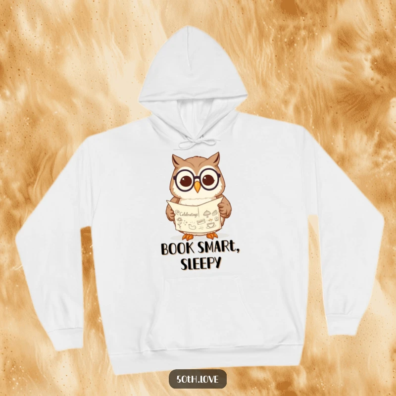 Funny owl hoodie with spectacles, looking wise while reading a scroll decorated with happy celebratory drawings.