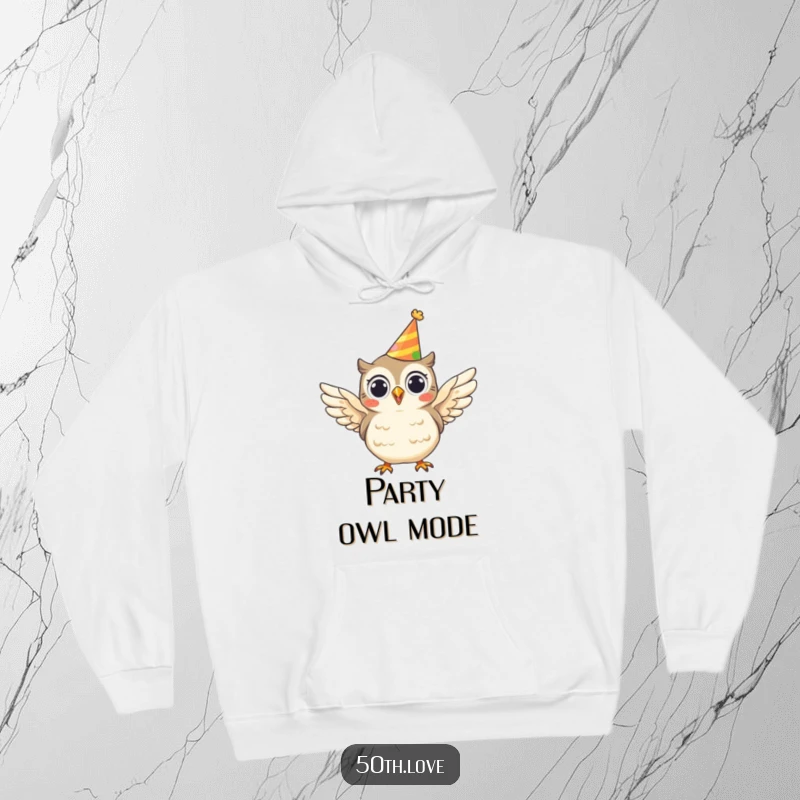Funny hoodie with a cheerful owl wearing a party hat and flapping its wings, perfect for cozy and festive occasions.