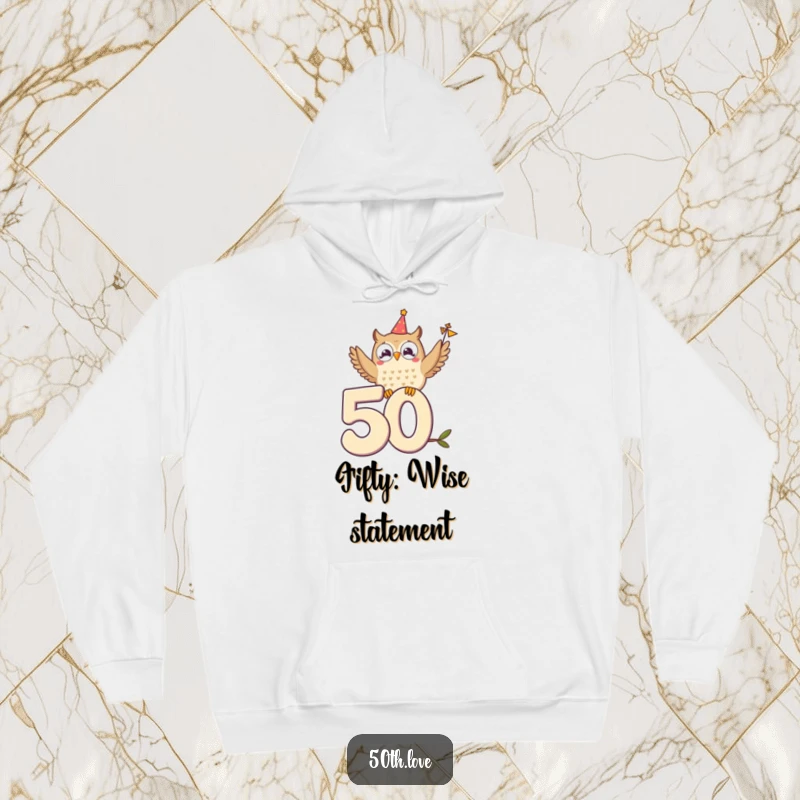Funny hoodie with a delighted owl perched on the number 50, waving a small festive banner.