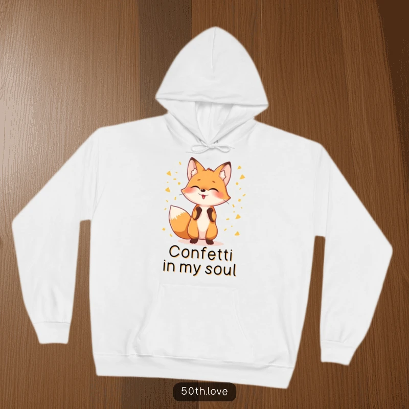 Funny hoodie with a giggling fox juggling golden confetti, perfect for staying warm and spreading festive cheer.