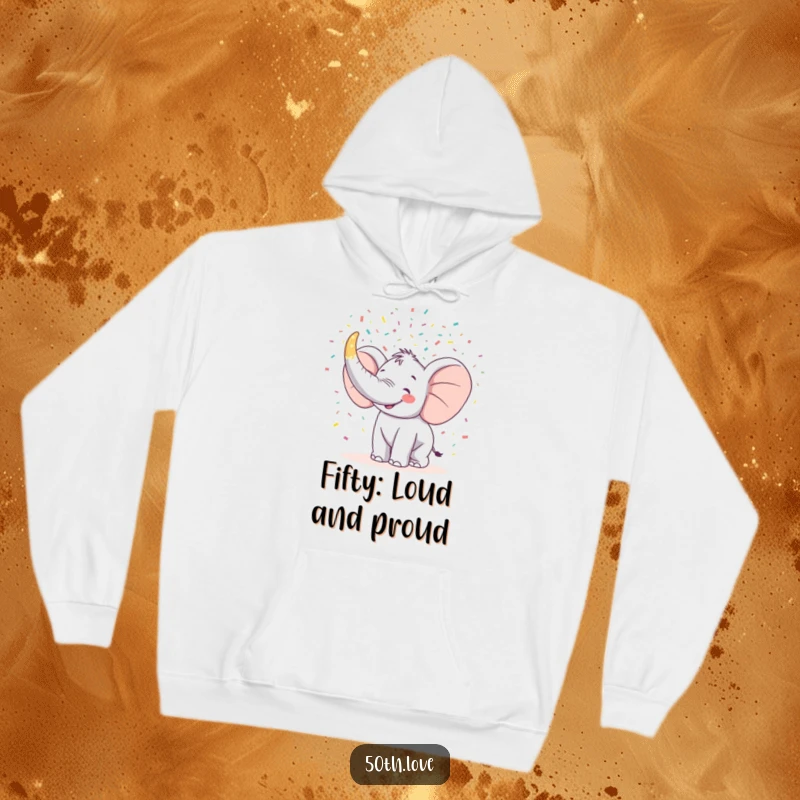 Funny hoodie with a happy elephant trumpeting confetti from a giant horn shaped like the number 50.