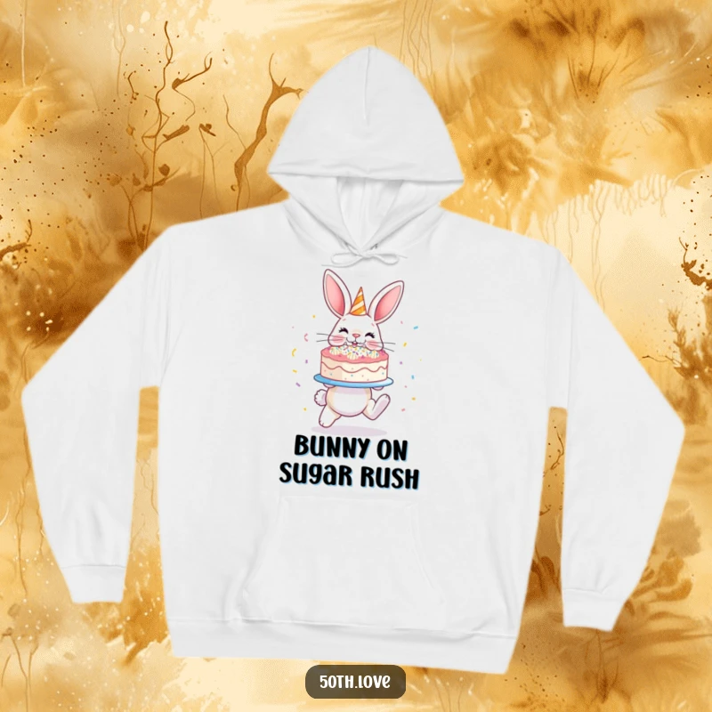 Funny 'Bunny Cake' Hoodie: A hopping bunny proudly presents a glistening confetti-covered cake, radiating pure celebration.