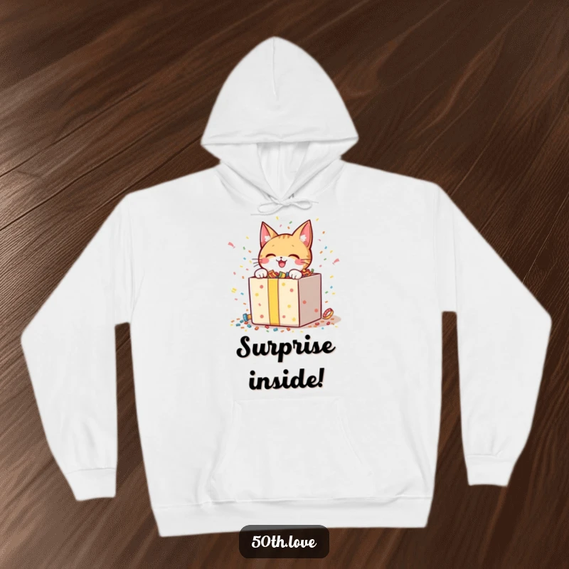 Funny hoodie featuring a cheerful cat character mid-unboxing, a giant gift box spewing confetti, pure excitement shown.