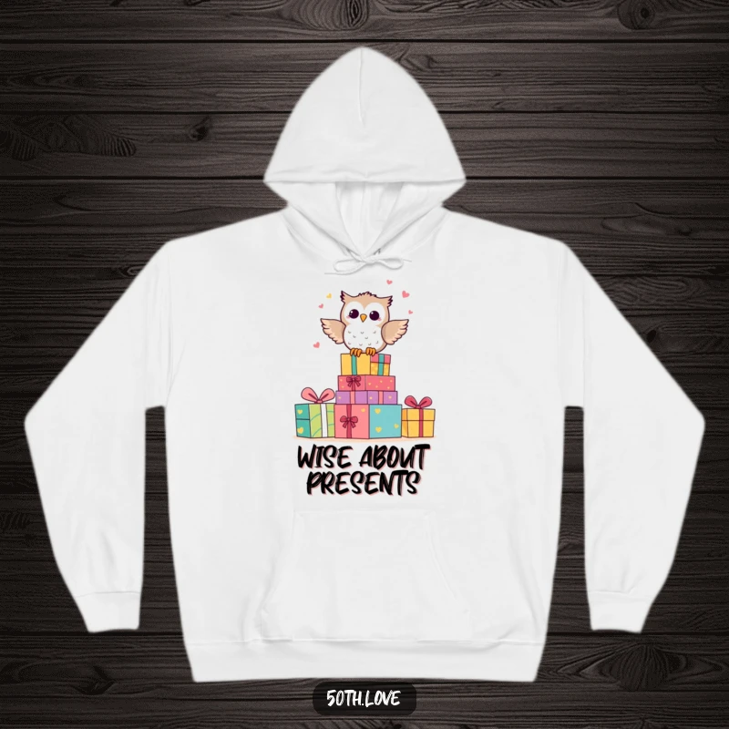 Funny hoodie featuring a happy owl character hooting excitedly on a stack of colorful anniversary presents.