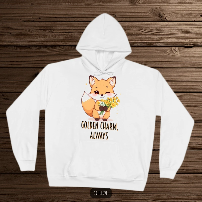 Funny fox hoodie with a cheerful wink, holding a spectacular bouquet of sparkling golden flowers, perfect for cozy days.
