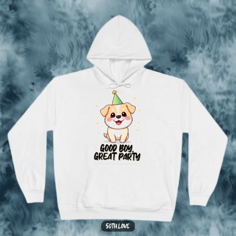 Funny 'Party Dog' Hoodie: A round, smiling dog in a sparkly hat juggles golden confetti, radiating pure joy and fun.