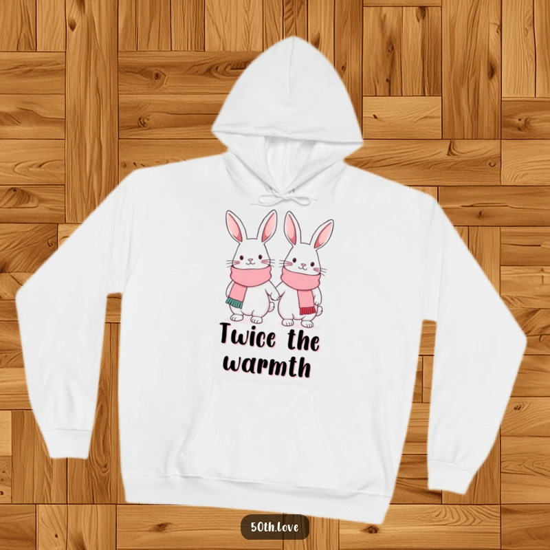 Funny friendship hoodie showcasing two cute bunnies in festive scarves, linked arm-in-arm, perfect for cozying up together.