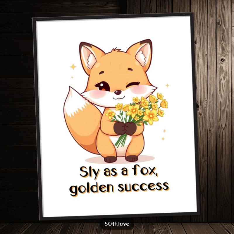 Funny Free Printable Wall Art: A cheerful fox winks holding a bouquet of sparkling, golden flowers.