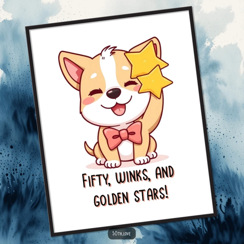 Funny Free Printable Wall Art: A contented dog wearing a bow tie winks playfully while holding a shining golden star.