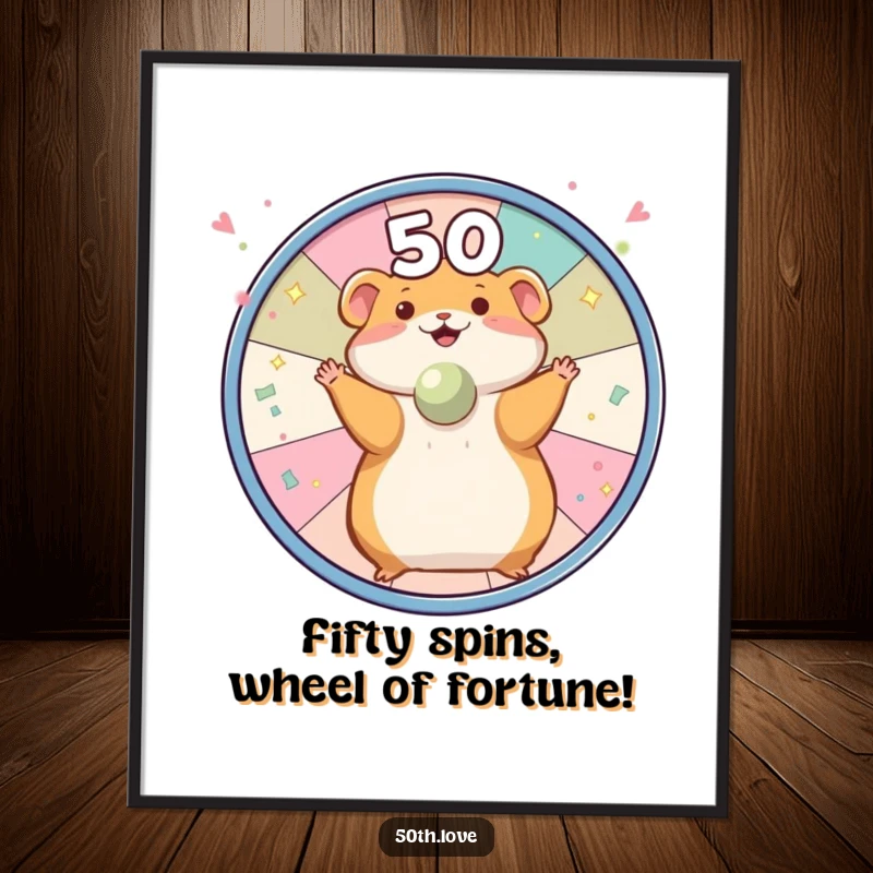 Funny Free Printable Wall Art: A joyful hamster spins a wheel sparkling with confetti, bringing cheerful vibes.
