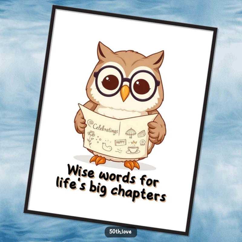 Funny Free Printable Wall Art: A contented owl wearing spectacles reads a scroll with celebratory drawings.