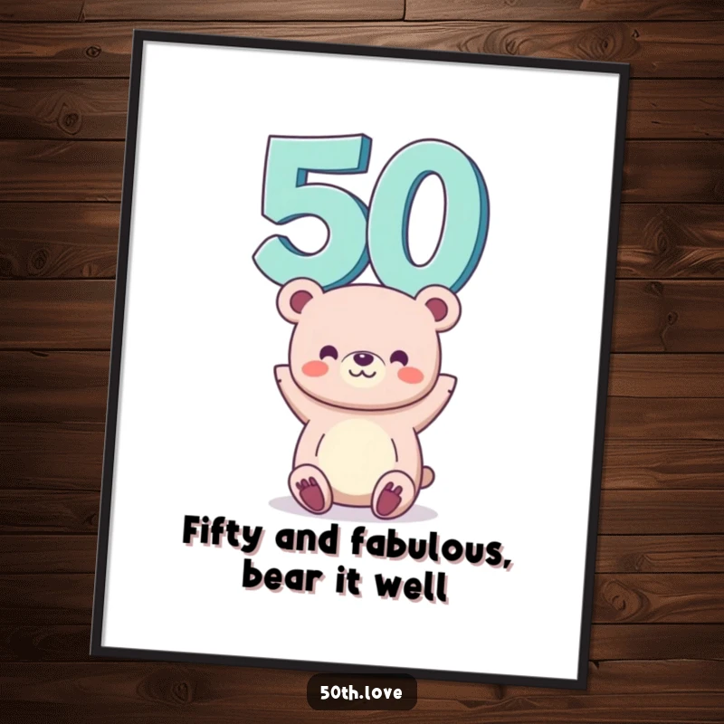 Funny Free Printable Wall Art of a cheerful bear expertly balancing a giant number 50 on its head, perfect for humor lovers.
