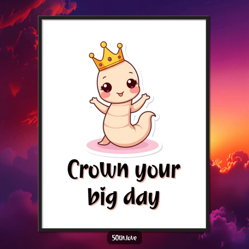 Funny Free Printable Wall Art: A wiggling worm wearing a tiny crown, dancing exuberantly around a festive cake.