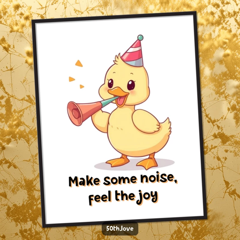 Funny Free Printable Wall Art of a playful duckling vigorously blowing a party horn, creating a lively and celebratory atmosphere.