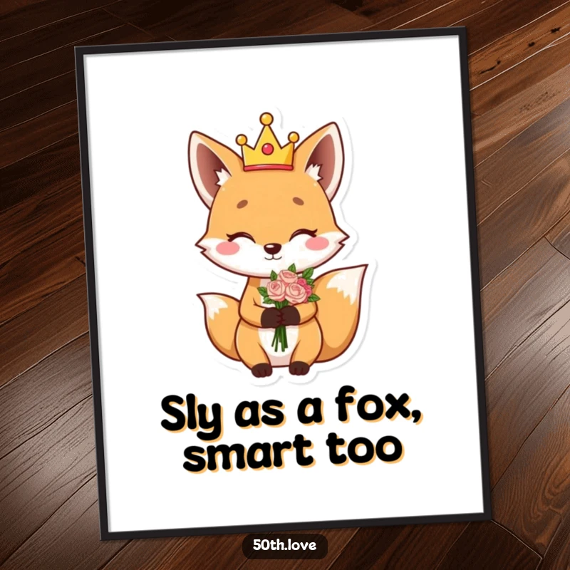 Funny Free Printable Wall Art: A giggling fox character wearing a silly crown winks while holding a bouquet.