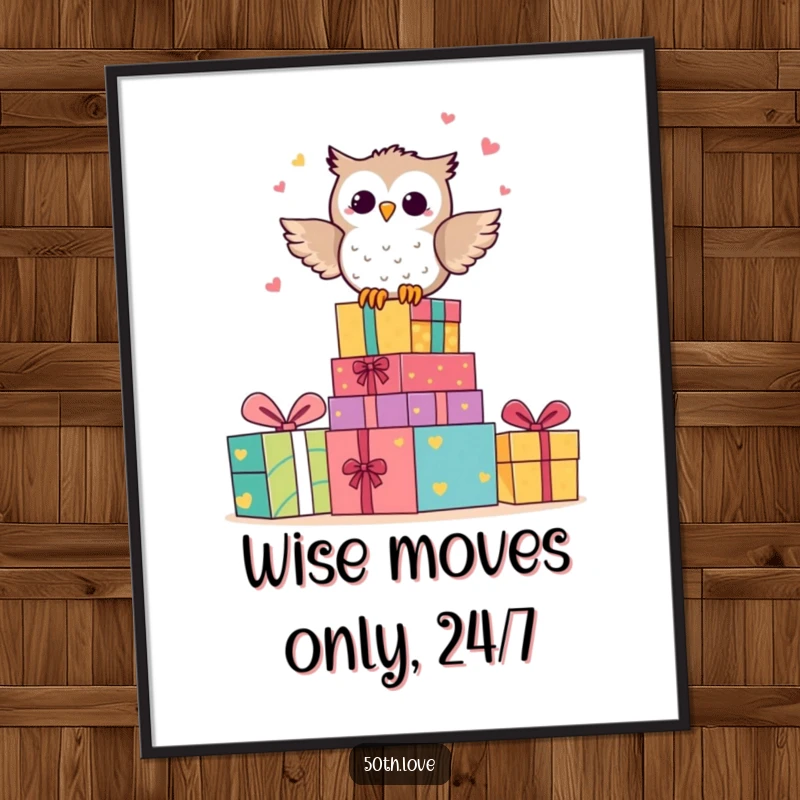 Funny Free Printable Wall Art: A happy owl character perched on colorful anniversary presents, hooting with glee.