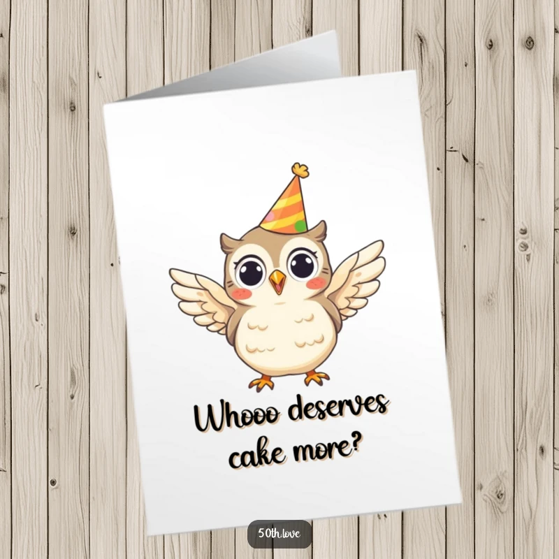 Funny Free Printable Birthday Card featuring a cheerful owl wearing a party hat and flapping its wings with great enthusiasm.