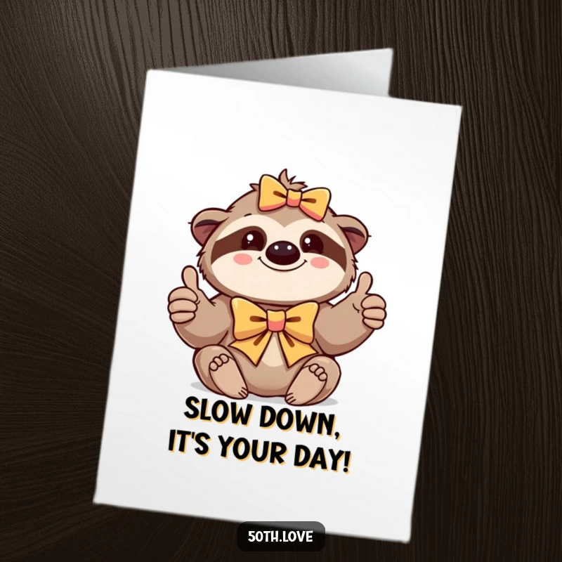 Funny Free Printable Birthday Card: Content sloth in a festive bow gives a thumbs-up, wishing a happy birthday slowly.
