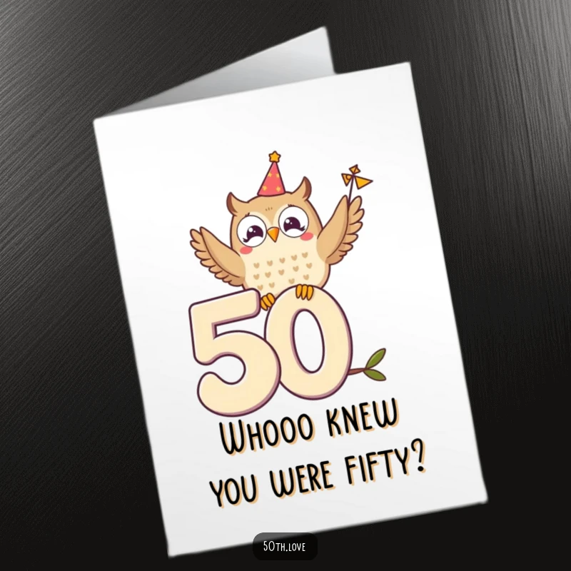 Funny Free Printable Birthday Card: Delighted owl on numeral 50 waves a tiny festive banner.
