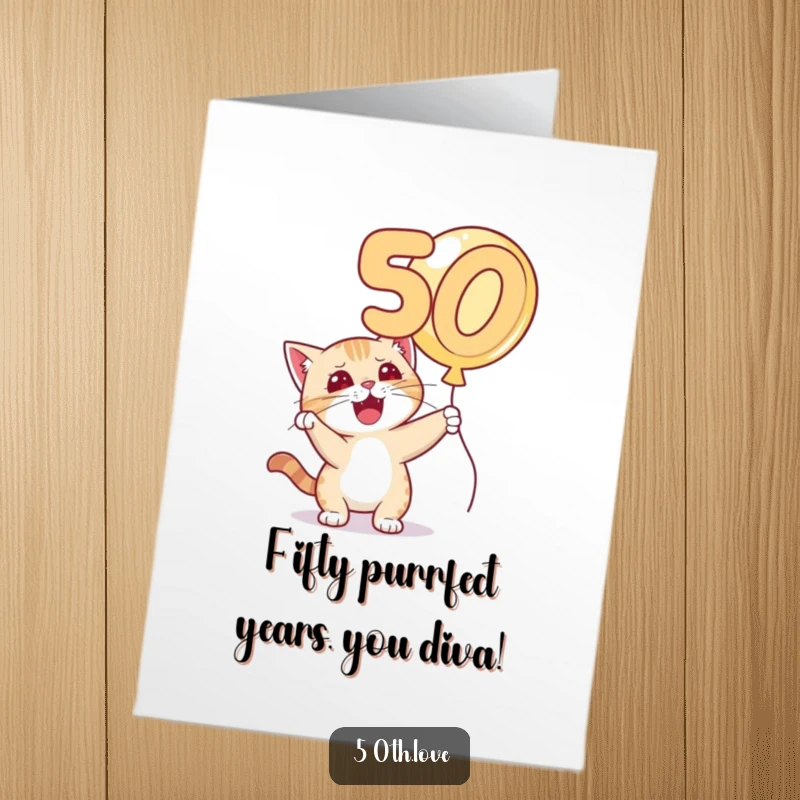 Funny Free Printable Birthday Card: Playful cat with a mischievous grin bats a 50 balloon.