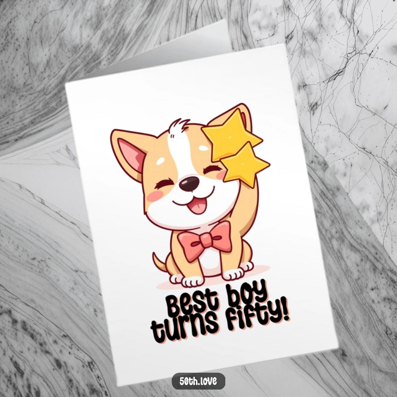Funny Free Printable Birthday Card: A happy dog in a bow tie winks while holding a shiny golden star.
