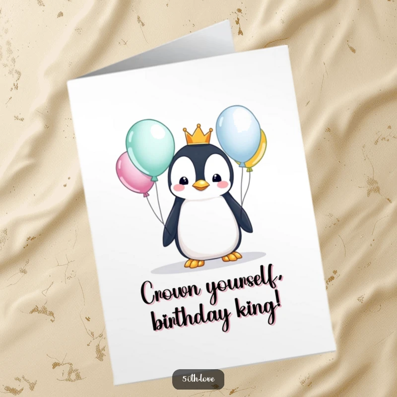 Funny Free Printable Birthday Card: A curious penguin in a tiny crown examines shiny balloons with delight.
