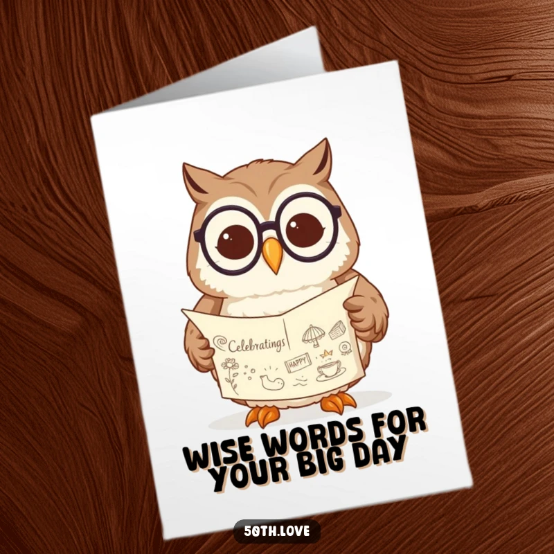 Funny Free Printable Birthday Card: Content owl in spectacles reads a scroll with festive drawings.