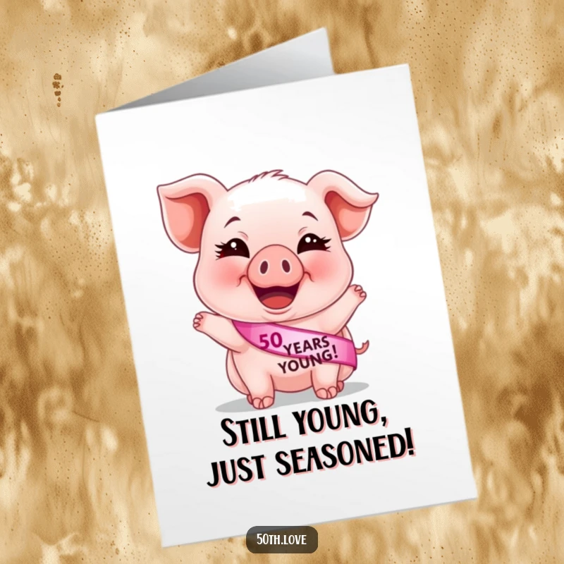 Funny Free Printable Birthday Card: Giggling piglet in a 50 Years Young sash, celebrating turning 50 with pure joy.