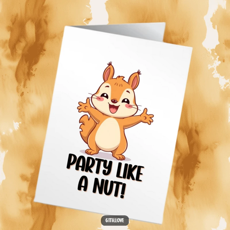 Funny Free Printable Birthday Card: Energetic squirrel with paws up, celebrating joyfully, perfect for download.