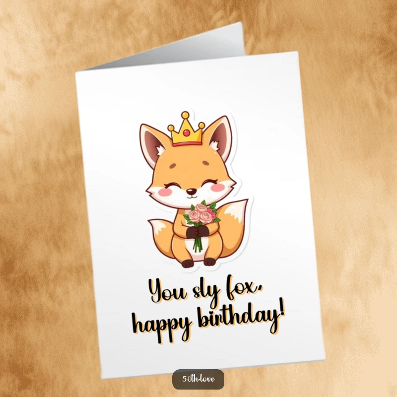 Funny Free Printable Birthday Card: Giggling fox in a silly crown winks while holding a bouquet.
