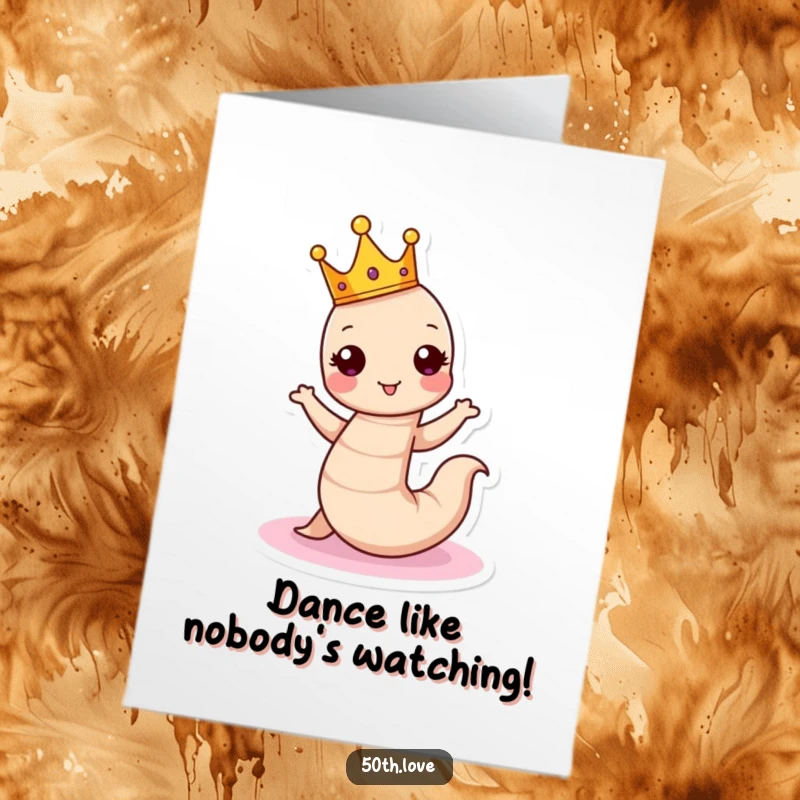 Free Printable Congratulations Card: A small crowned worm wiggling and dancing around a cake, celebrating a royal success.