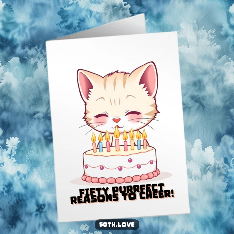 Funny Free Printable Congratulations Card: A cat attempts to blow out miniature candles on a tiny cake, celebrating a win.