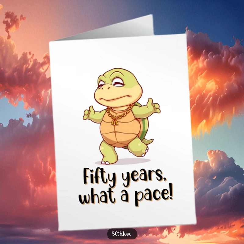 Funny Free Printable Congratulations Card: An elderly turtle with a gold chain dances slowly, commemorating a significant achievement.