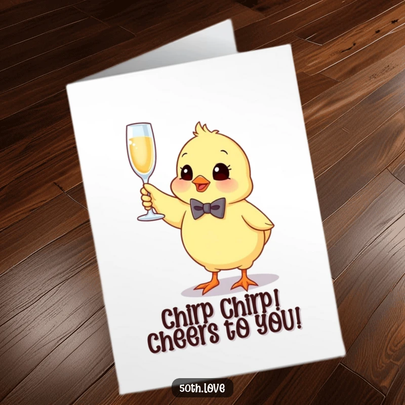 Funny Free Printable Congratulations Card: A bouncing chick in a bow tie holds a champagne flute high.