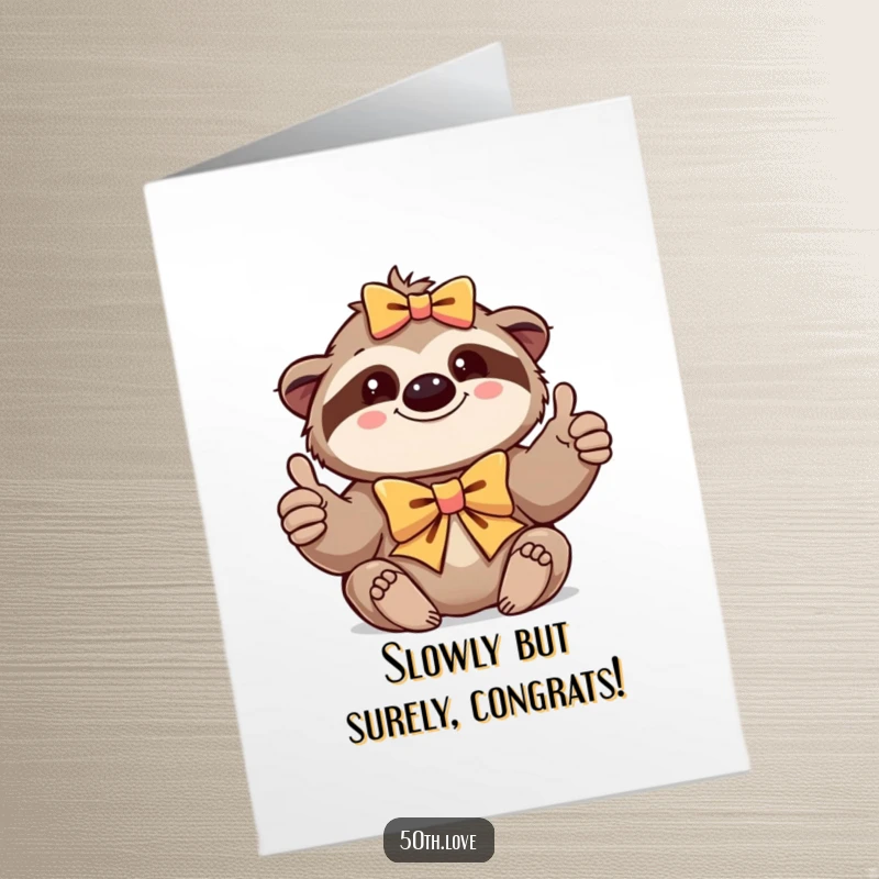Funny Free Printable Congrats Card: Contented sloth wearing a festive bow gives a thumbs-up, congratulating with chill vibes.