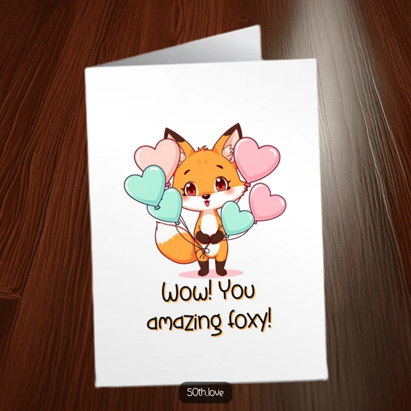 Free Printable Congratulations Card: A fox with a surprised face holding heart-shaped balloons, celebrating a significant achievement.