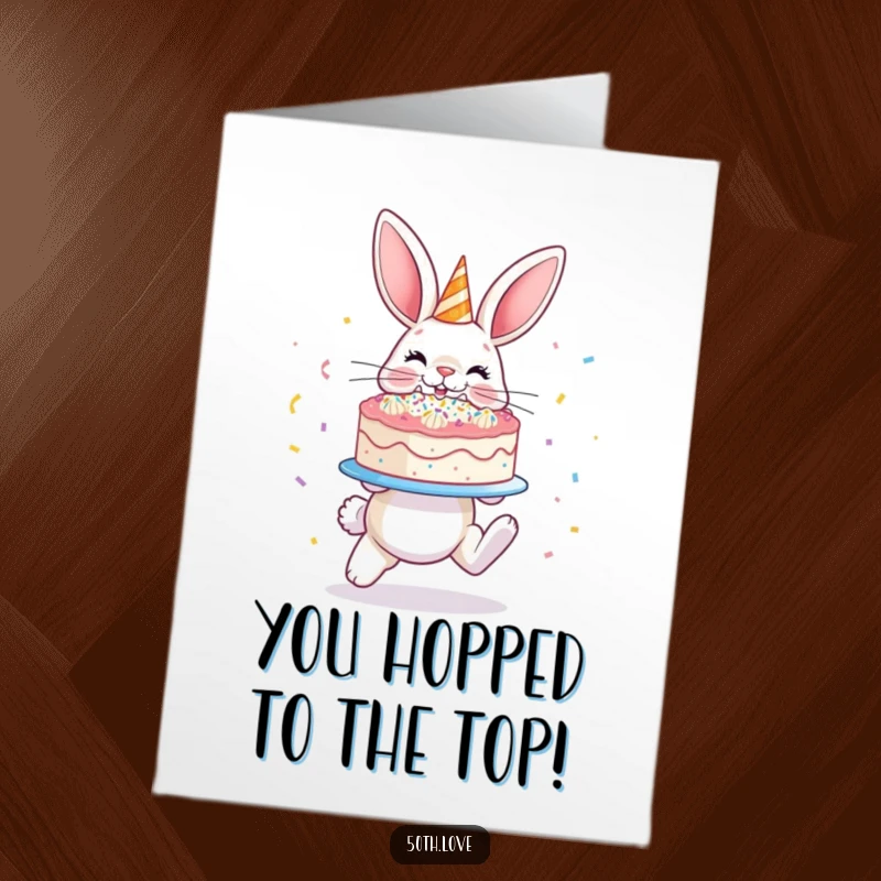 Funny Free Printable Congratulations Card: A hopping bunny presents a confetti-covered cake.