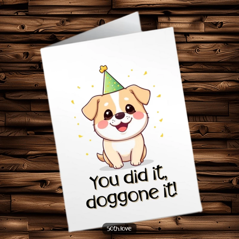 Funny Free Printable Congratulations Card: A round, smiling dog juggles golden confetti.