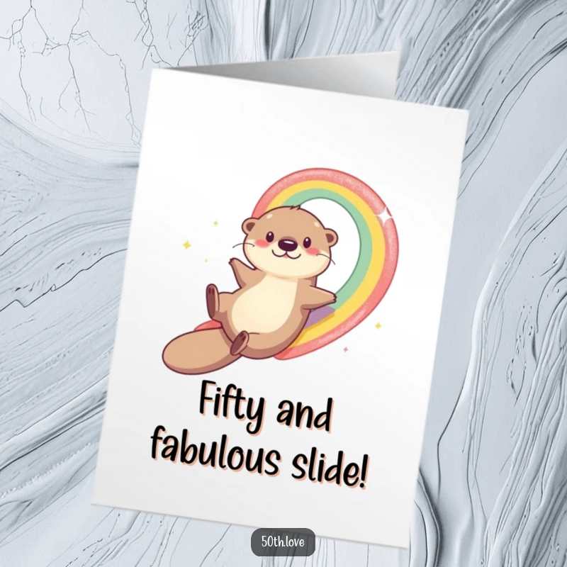 Funny Free Printable Congratulations Card: Adorable otter slides down a vibrant rainbow, celebrating a big win.