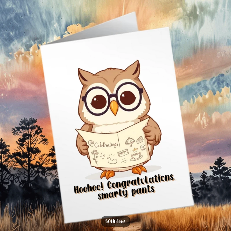 Funny Free Printable Congratulations Card: An owl wearing glasses reads a scroll with celebration doodles.