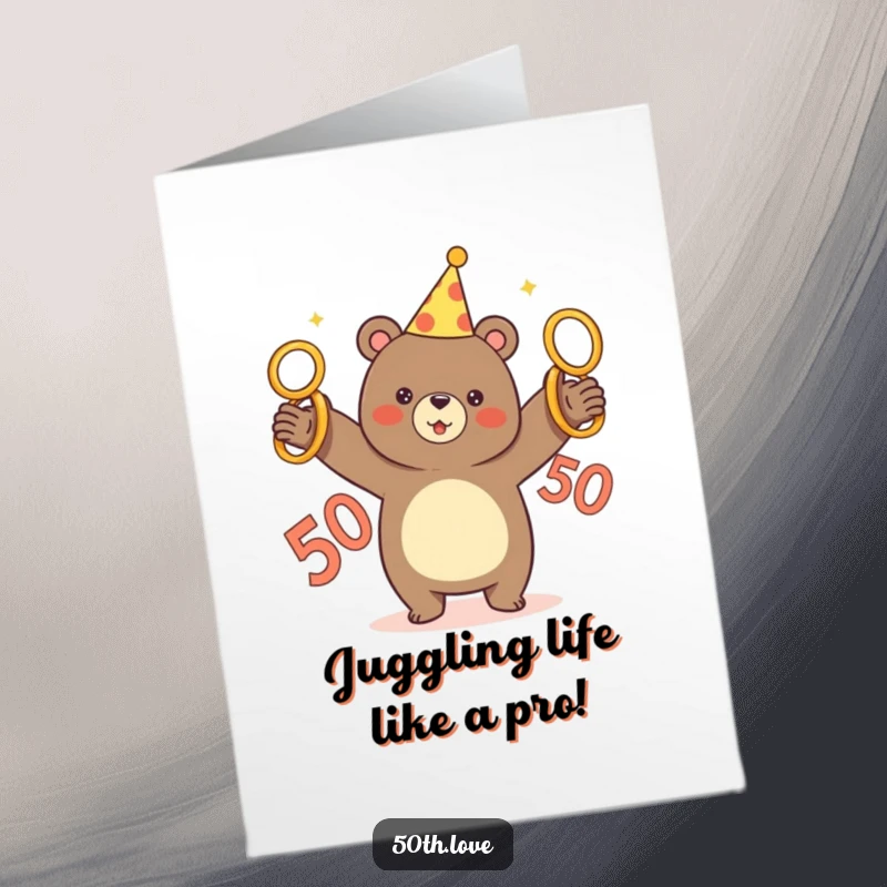 Funny Free Printable Congrats Card: Cheerful bear in party hat juggling golden rings for a huge milestone.