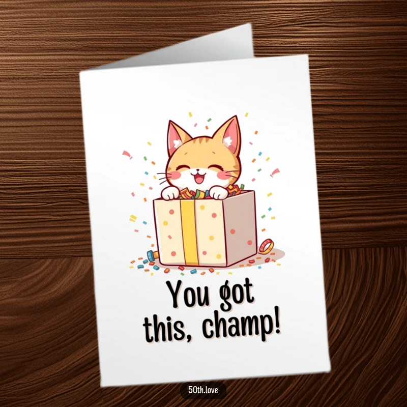 Funny Free Printable Congratulations Card: Cheerful cat excitedly unwraps a giant gift box filled with confetti.